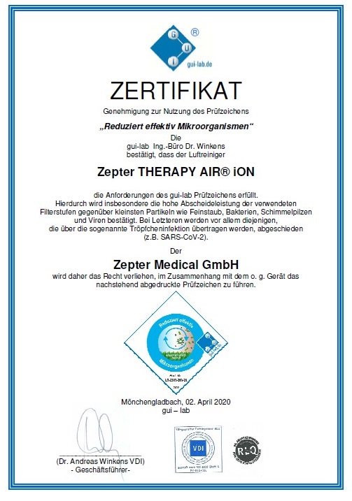 Certyfikat GUI-LAB Zepter Therapy Air Ion